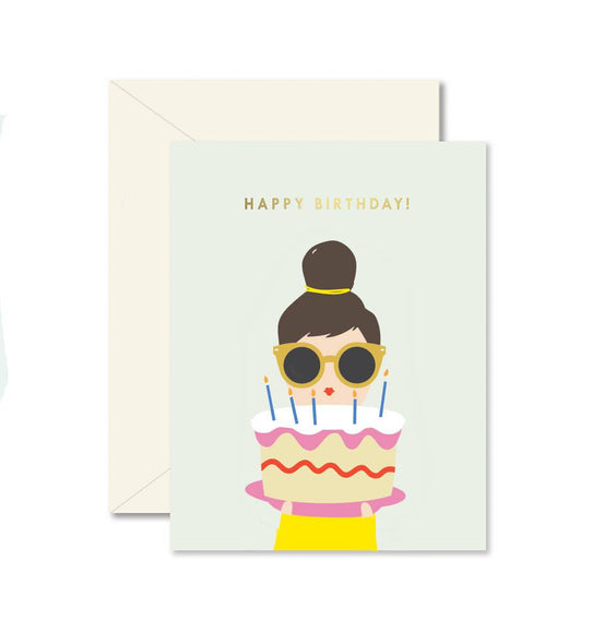 Birthday Cake Lady happy birthday card by Ginger P. Designs, gold foil lettering, blank interior, off-white envelope, 4.25 x 5.5 inches