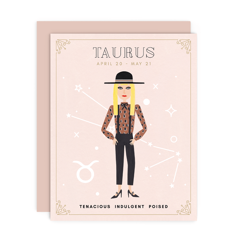 Taurus Zodiac Babe birthday card by Girl w/ Knife, April 20 -May 21, blank interior, metallic envelope, 4.25 x 5.5 inches