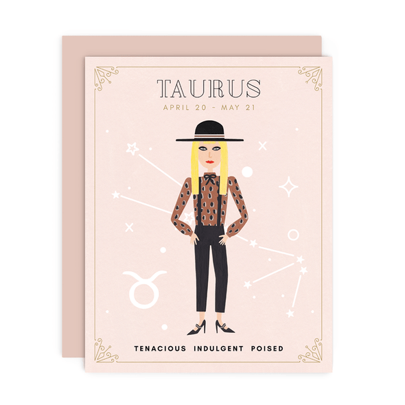 Taurus Zodiac Babe birthday card by Girl w/ Knife, April 20 -May 21, blank interior, metallic envelope, 4.25 x 5.5 inches