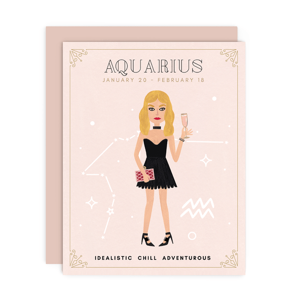 AquariusZodiac Babe birthday card by Girl w/ Knife, January 20 - February 18, blank interior, metallic envelope, 4.25 x 5.5 inches