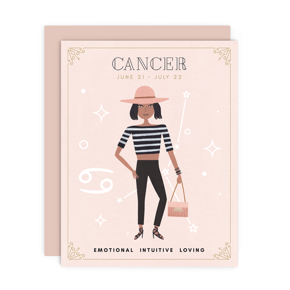 Cancer Zodiac Babe birthday card by Girl w/ Knife, June 21 - July 22, blank interior, metallic envelope, 4.25 x 5.5 inches
