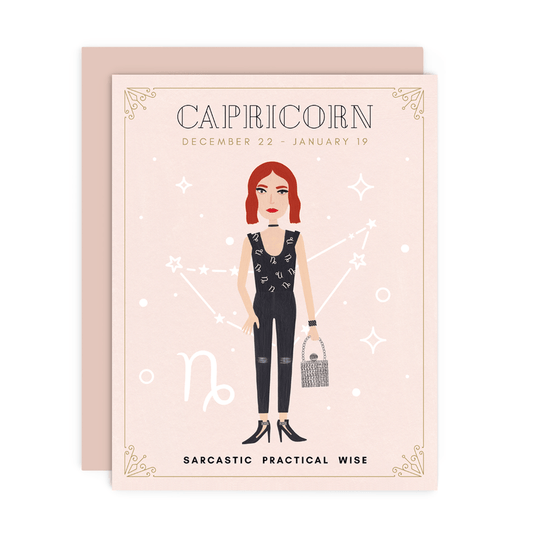 Capricorn Zodiac Babe birthday card by Girl w/ Knife, December 22 - January 19, blank interior, metallic envelope, 4.25 x 5.5 inches