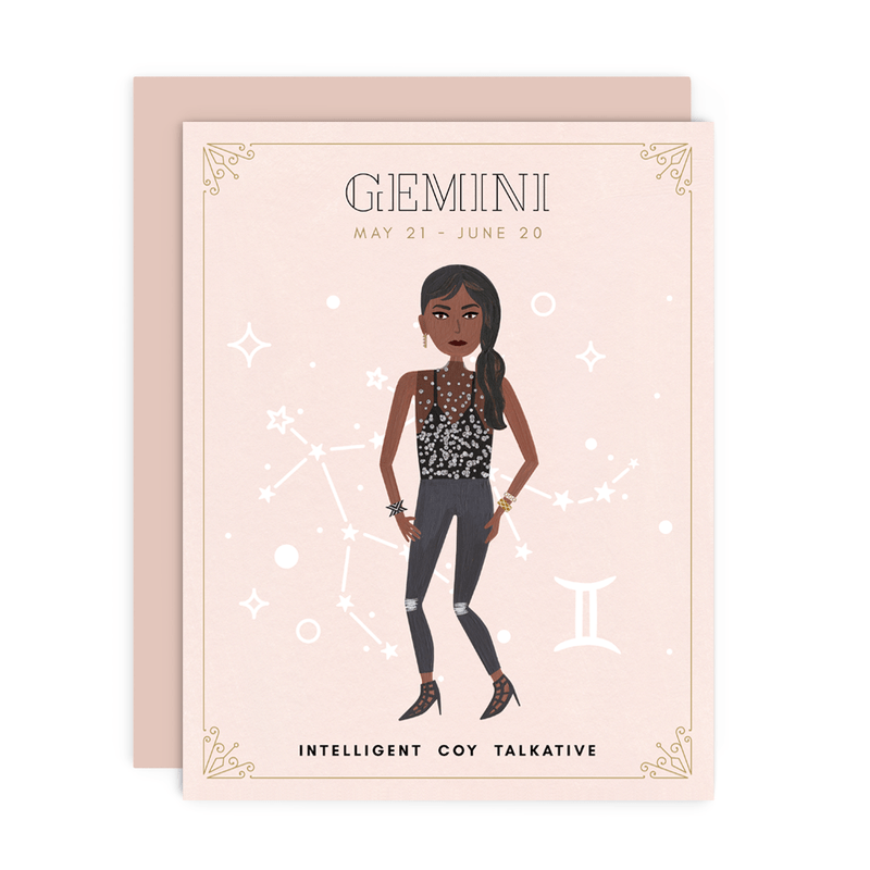 Gemini Zodiac Babe birthday card by Girl w/ Knife, May 21 - June 20, blank interior, metallic envelope, 4.25 x 5.5 inches