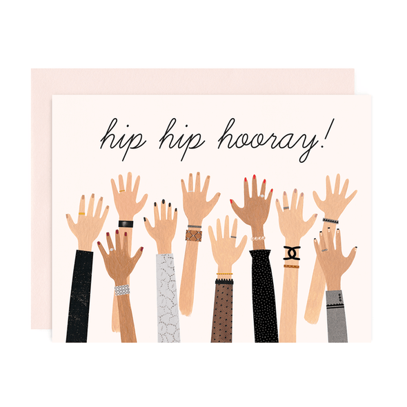 Hip Hip Hooray congratulations card by Girl w/ Knife, blank interior, blush envelope, 4.25 x 5.5 inches