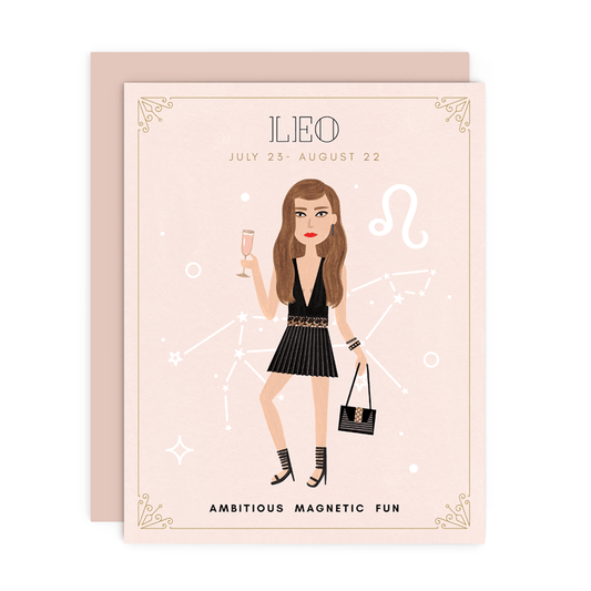 Leo Zodiac Babe birthday card by Girl w/ Knife, July 23 - August 22, blank interior, metallic envelope, 4.25 x 5.5 inches