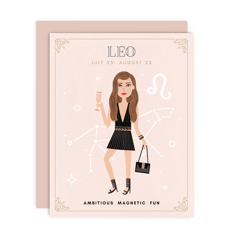 Leo Zodiac Babe birthday card by Girl w/ Knife, July 23 - August 22, blank interior, metallic envelope, 4.25 x 5.5 inches