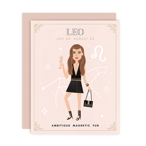 Leo Zodiac Babe birthday card by Girl w/ Knife, July 23 - August 22, blank interior, metallic envelope, 4.25 x 5.5 inches