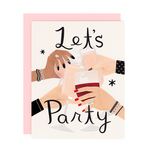 Let's Party greeting card by Girl w/ Knife, blank interior, pink envelope, 4.25 x 5.5 inches