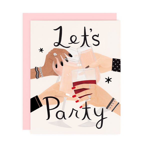 Let's Party greeting card by Girl w/ Knife, blank interior, pink envelope, 4.25 x 5.5 inches