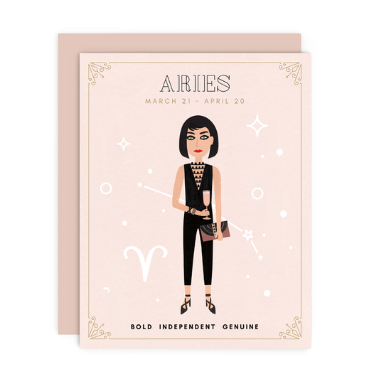 Aries Zodiac Babe birthday card by Girl w/ Knife, March 21 - April 20, blank interior, metallic envelope, 4.25 x 5.5 inches