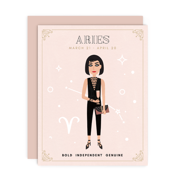 Aries Zodiac Babe birthday card by Girl w/ Knife, March 21 - April 20, blank interior, metallic envelope, 4.25 x 5.5 inches