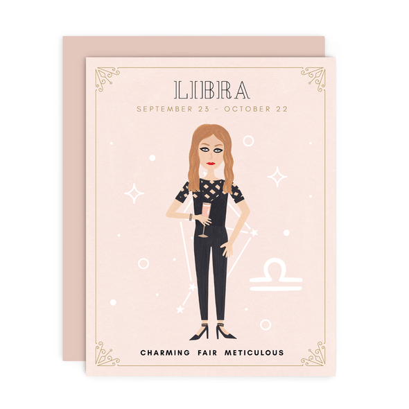 Libra Zodiac Babe birthday card by Girl w/ Knife, September 23 - October 22, blank interior, metallic envelope, 4.25 x 5.5 inches