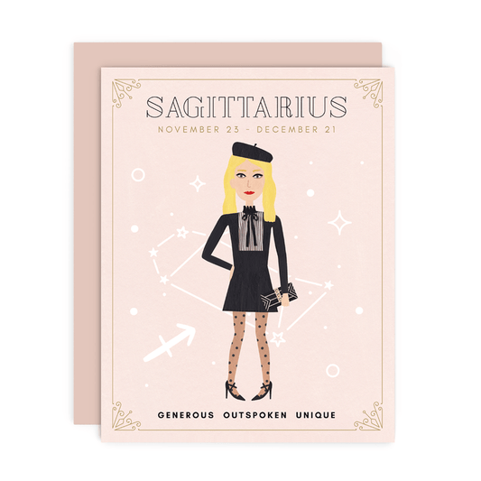 Sagittarius Zodiac Babe birthday card by Girl w/ Knife, November 23 - December 21, blank interior, metallic envelope, 4.25 x 5.5 inches