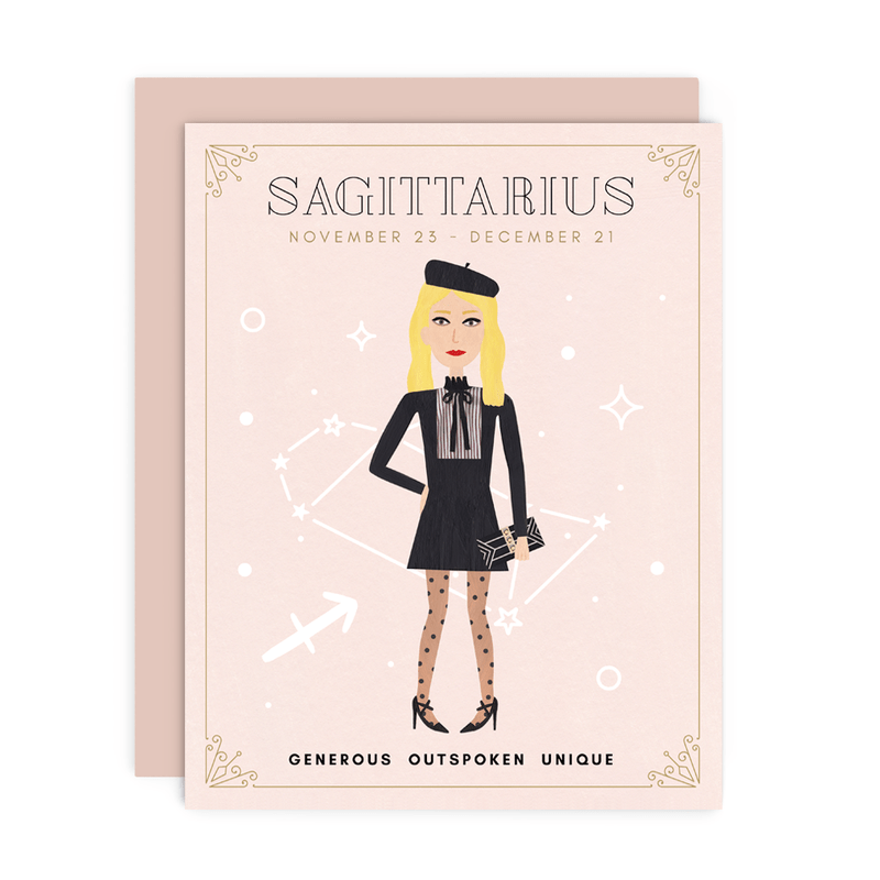 Sagittarius Zodiac Babe birthday card by Girl w/ Knife, November 23 - December 21, blank interior, metallic envelope, 4.25 x 5.5 inches
