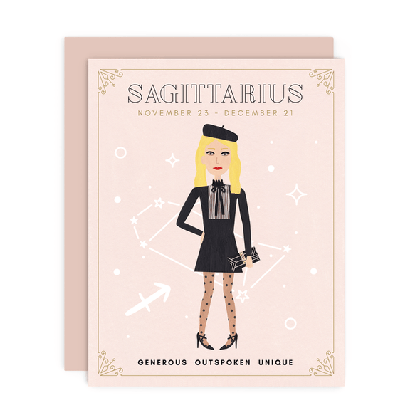Sagittarius Zodiac Babe birthday card by Girl w/ Knife, November 23 - December 21, blank interior, metallic envelope, 4.25 x 5.5 inches