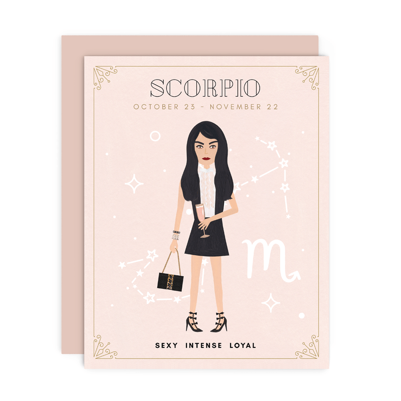 Scorpio Zodiac Babe birthday card by Girl w/ Knife, October 23 - November 22, blank interior, metallic envelope, 4.25 x 5.5 inches