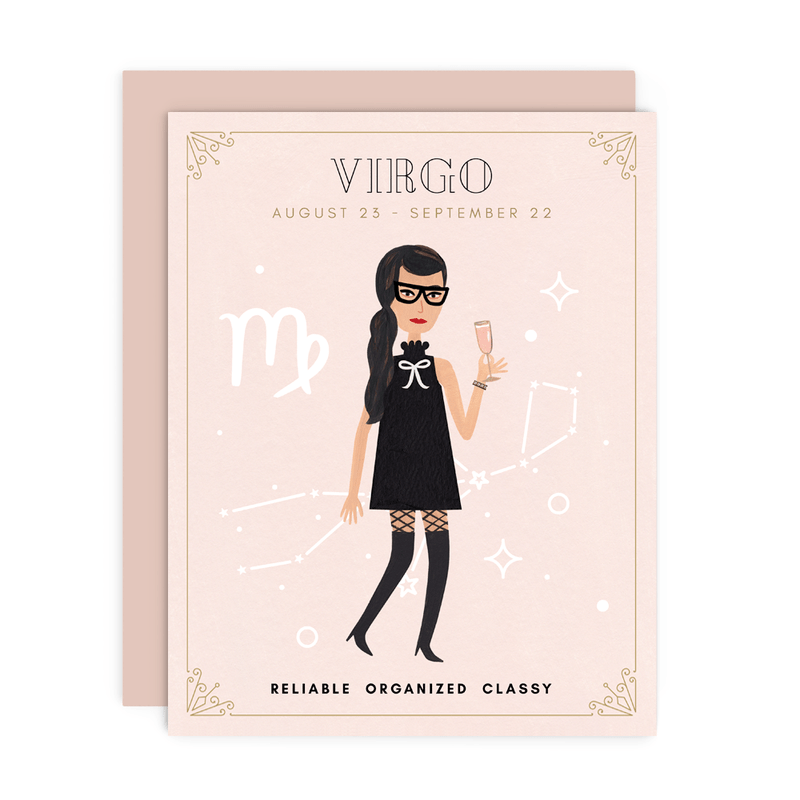 Virgo Zodiac Babe birthday card by Girl w/ Knife, August 23 to September 22, blank interior, metallic envelope, 4.25 x 5.5 inches