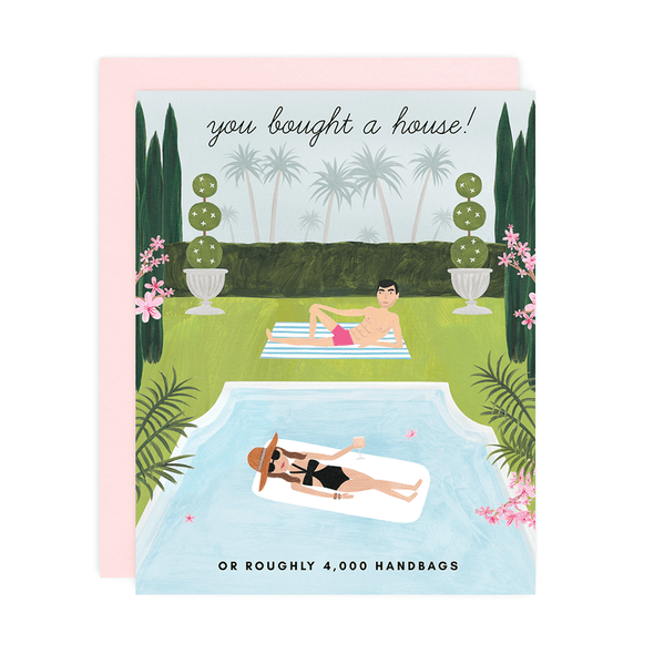 You Bought a House new home congratulations card by Girl w/ Knife, blank interior, pink envelope, 4.25 x 5.5 inches
