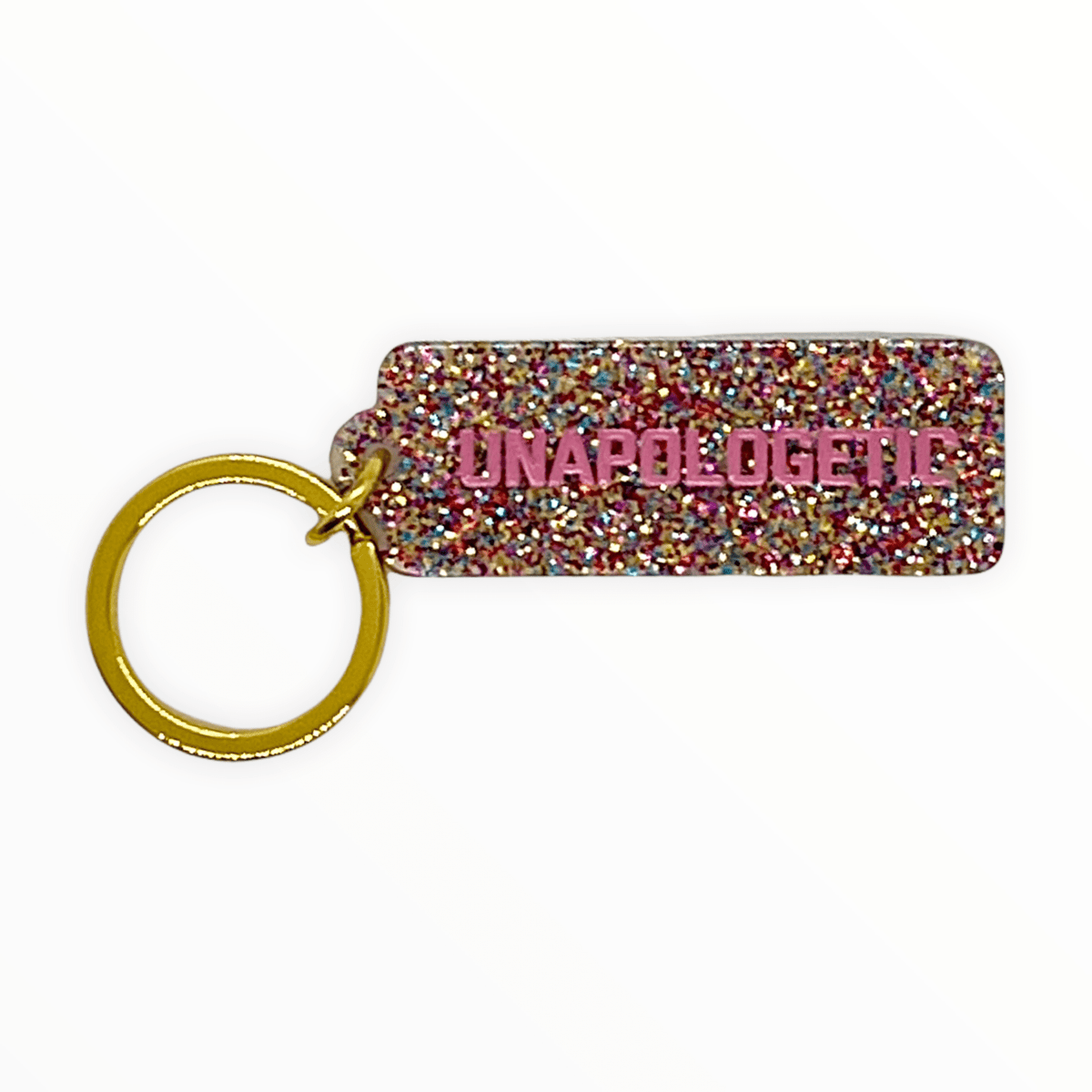 Sparkle Glitter Key Tag by Golden Gems, rainbow glitter "Unapologetic" variant