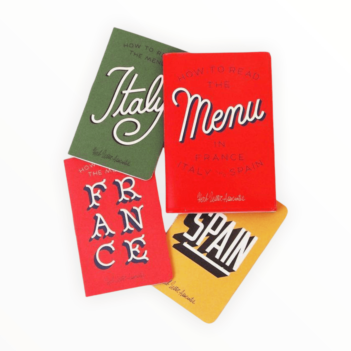 How to Read the Menu in France Italy and Spain phrasebook set by Herb Lester Associates, trifold wallet with three credit card-sized guides, 2.5 x 3.875 inches
