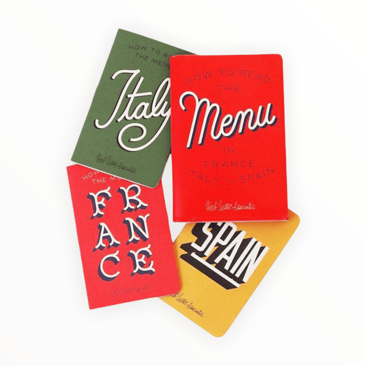 How to Read the Menu in France Italy and Spain phrasebook set by Herb Lester Associates, trifold wallet with three credit card-sized guides, 2.5 x 3.875 inches