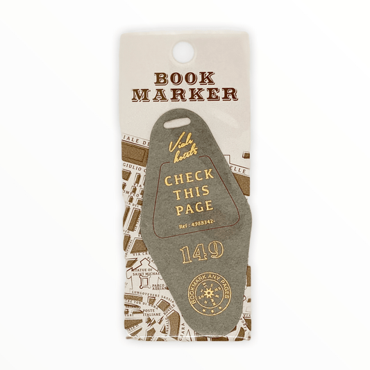 Motel Bookmarker by Hightide, retro-inspired gray with gold print, 4.5 x 2 inches