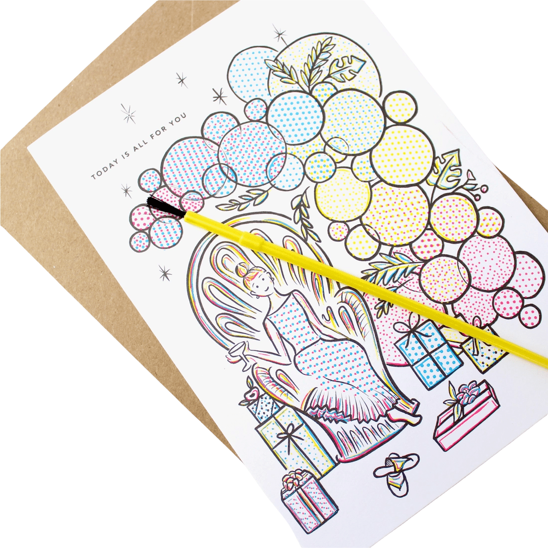Balloon Arch Paint With Water detail by Inklings Paperie, unpainted card showing design