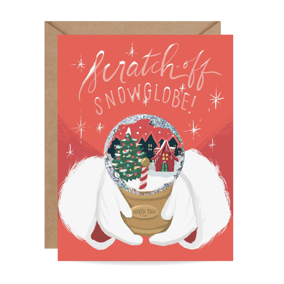 North Pole Snow Globe Scratch-Off Christmas card by Inklings Paperie, glittery scratch-off snow globe, blank interior, kraft envelope, 4.25 x 5.5 inches