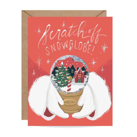 North Pole Snow Globe Scratch-Off Christmas card by Inklings Paperie, glittery scratch-off snow globe, blank interior, kraft envelope, 4.25 x 5.5 inches