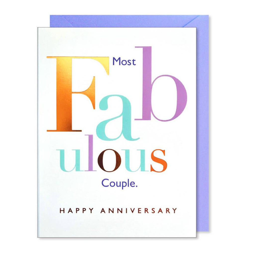 Most Fabulous Couple anniversary card by J.Falkner Cards, copper foil lettering, blank interior, purple envelope, 4.5 x 6.125 inches