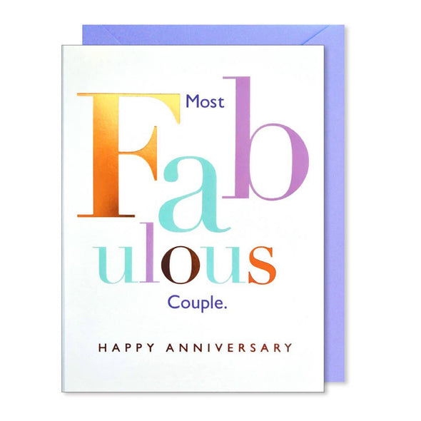 Most Fabulous Couple anniversary card by J.Falkner Cards, copper foil lettering, blank interior, purple envelope, 4.5 x 6.125 inches