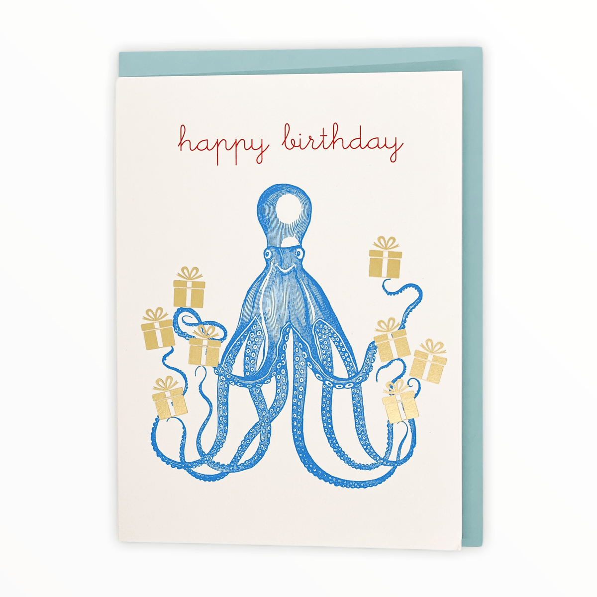Happy Octopus birthday card by J.Falkner Cards, gold foil presents, blank interior, light blue envelope, 4.5 x 6.25 inches