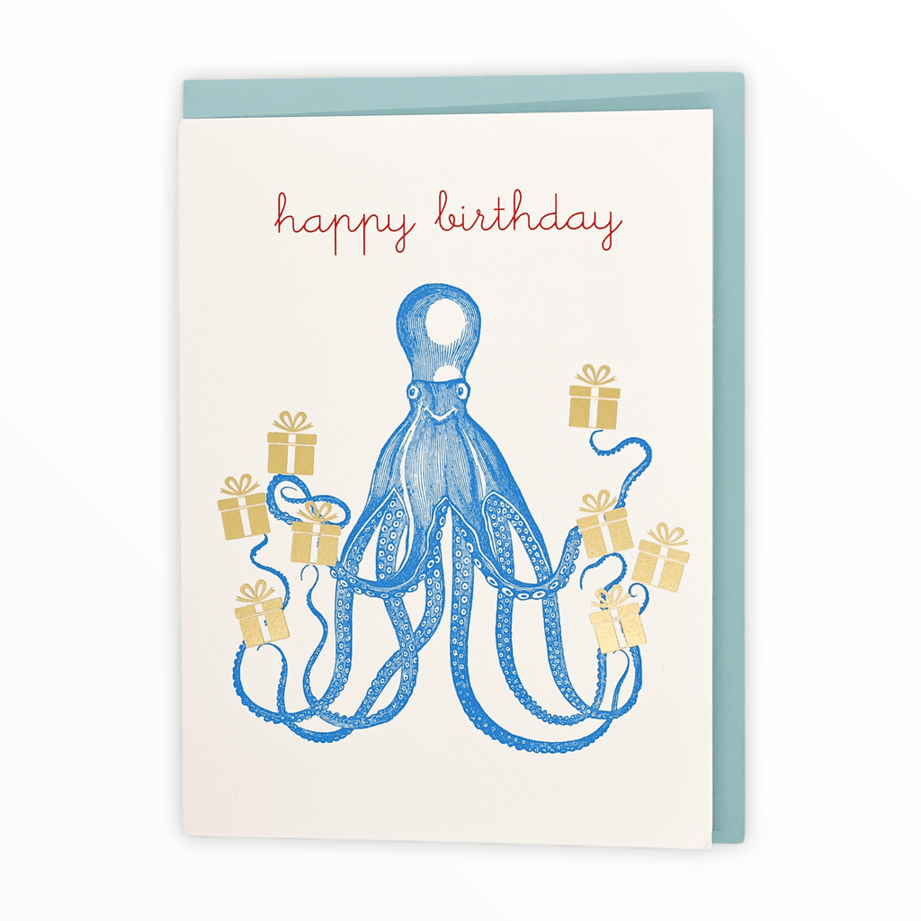Happy Octopus birthday card by J.Falkner Cards, gold foil presents, blank interior, light blue envelope, 4.5 x 6.25 inches