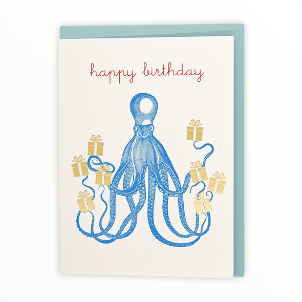 Happy Octopus birthday card by J.Falkner Cards, gold foil presents, blank interior, light blue envelope, 4.5 x 6.25 inches