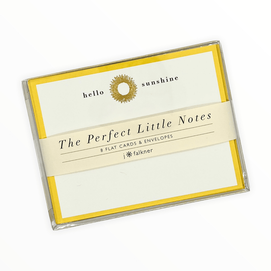 Hello Sunshine Perfect Little Notes boxed notecard set of 8 by J.Falkner Cards, gold foil sun, sunny yellow envelopes, 4.25 x 5.5 inches