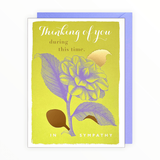 Thinking of You sympathy card by J.Falkner Cards, gold foil flower, blank interior, lavender envelope, 4.5 x 6 inches