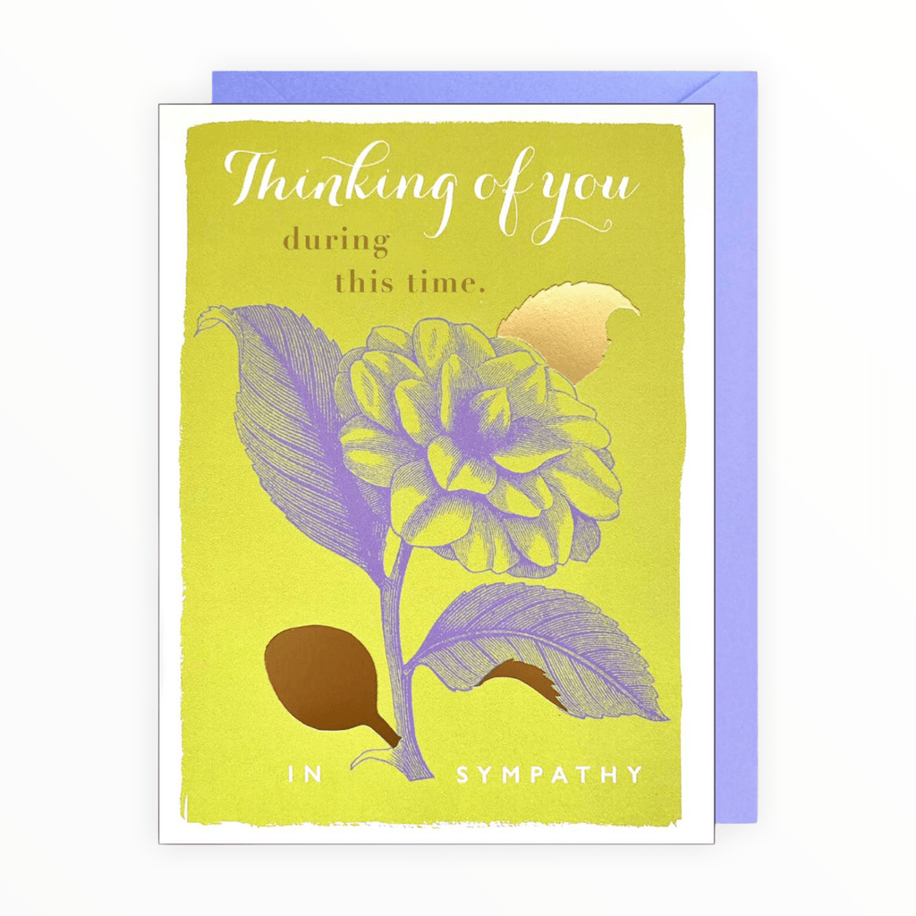 Thinking of You sympathy card by J.Falkner Cards, gold foil flower, blank interior, lavender envelope, 4.5 x 6 inches