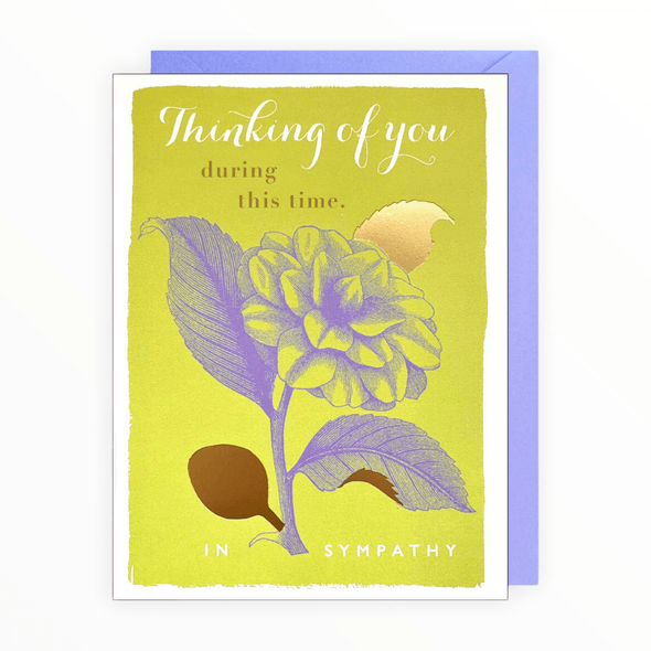 Thinking of You sympathy card by J.Falkner Cards, gold foil flower, blank interior, lavender envelope, 4.5 x 6 inches