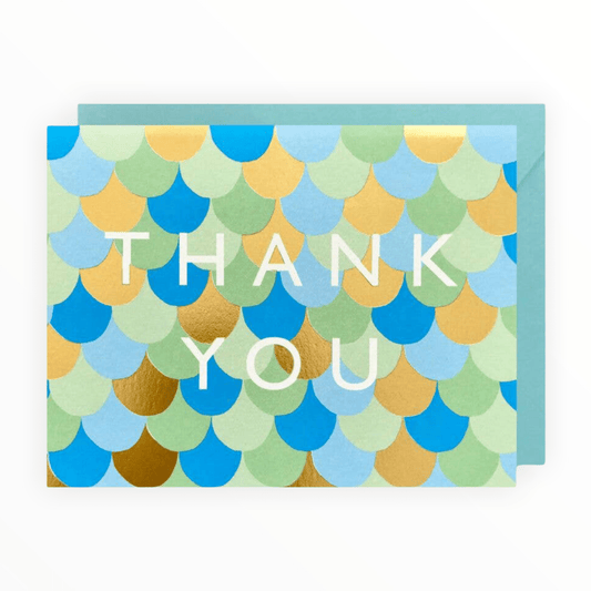 Thank You Mermaid Scales card by J.Falkner Cards, mermaid scales design, blank interior, turquoise envelope, 4.25 x 5.5 inches