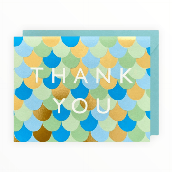 Thank You Mermaid Scales card by J.Falkner Cards, mermaid scales design, blank interior, turquoise envelope, 4.25 x 5.5 inches