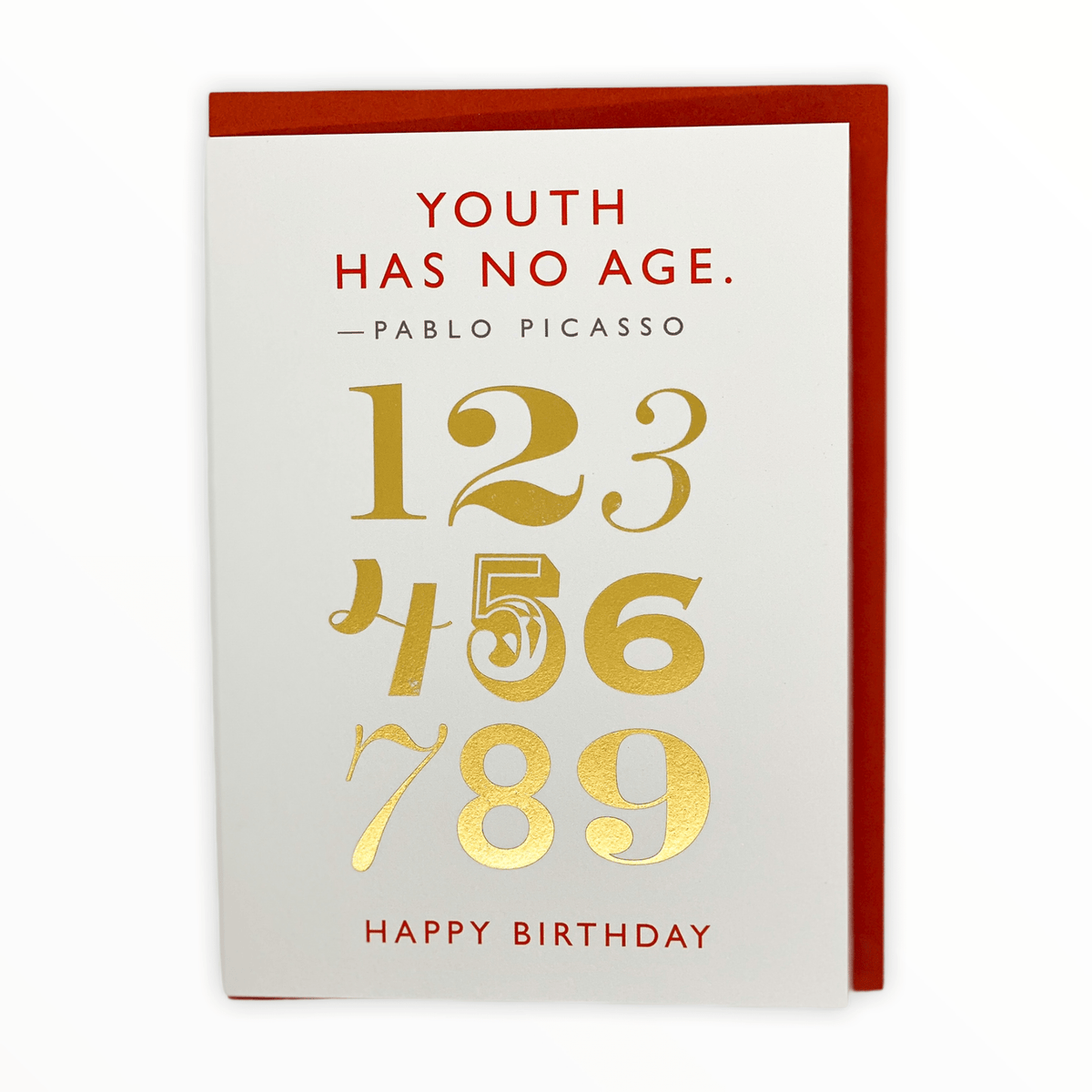 Youth Has No Age birthday card by J.Falkner Cards, Pablo Picasso quote, gold foil numbers, blank interior, red envelope, 4.5 x 6 inches