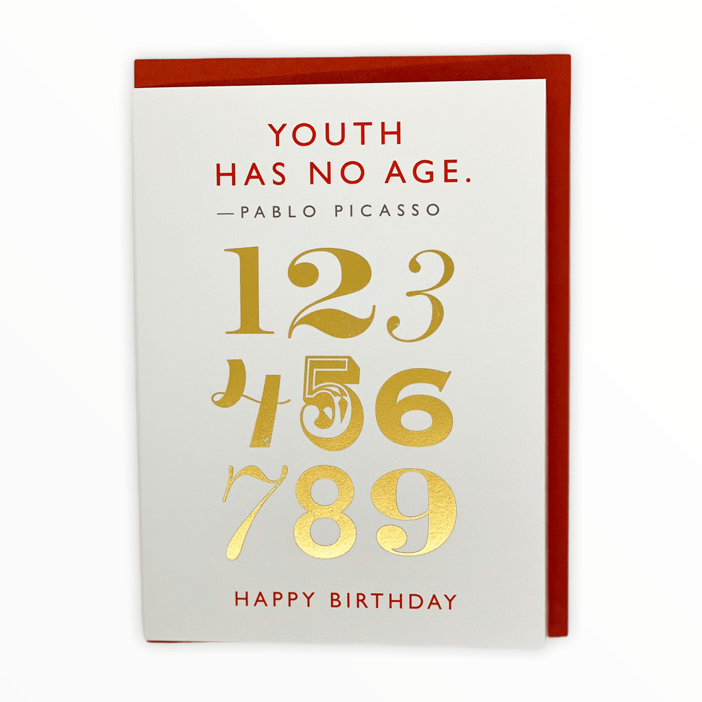 Youth Has No Age birthday card by J.Falkner Cards, Pablo Picasso quote, gold foil numbers, blank interior, red envelope, 4.5 x 6 inches