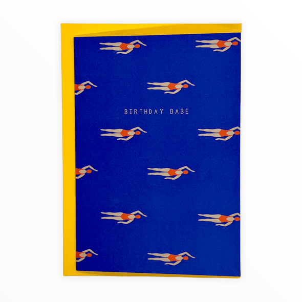 Birthday Babe greeting card by Katie Leamon, blank interior, bright yellow envelope, 4.25 x 5.5 inches, made in England
