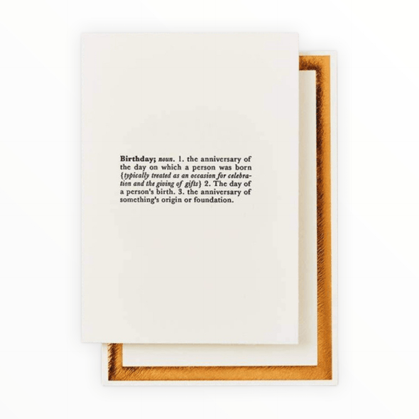 Birthday Defined greeting card by Katie Leamon, blank interior, gold foil polka dot envelope, 4.25 x 5.5 inches, made in England