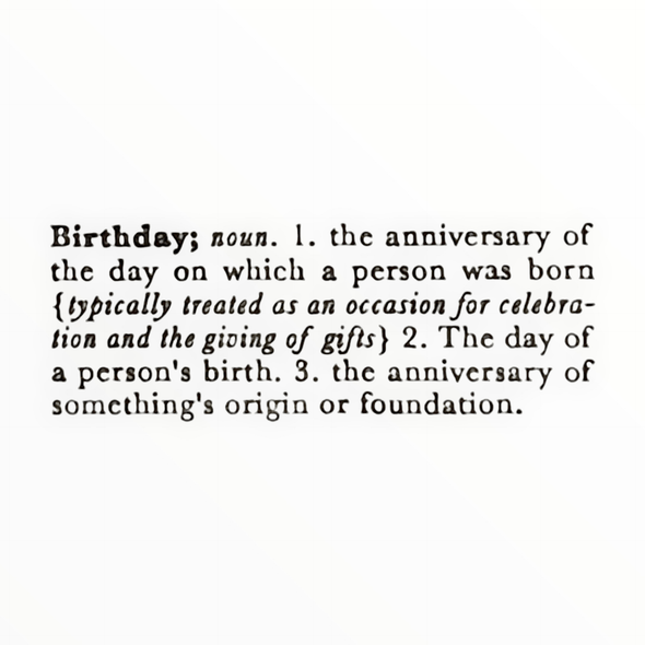 Birthday Defined card detail by Katie Leamon, dictionary-style birthday definition