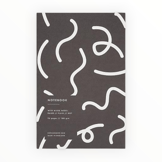 Black and White Squiggle Notebook by Katie Leamon, monochrome squiggle-print cover, 96 mixed pages, lay-flat binding, 6.2 x 9.5 inches, made in England