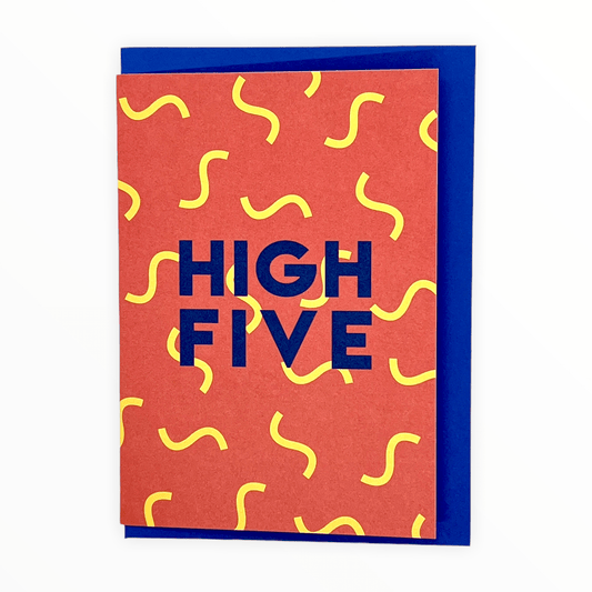 High Five congratulations card by Katie Leamon, blank interior, royal blue envelope, 4.25 x 5.5 inches, made in England