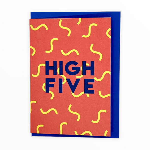 High Five congratulations card by Katie Leamon, blank interior, royal blue envelope, 4.25 x 5.5 inches, made in England