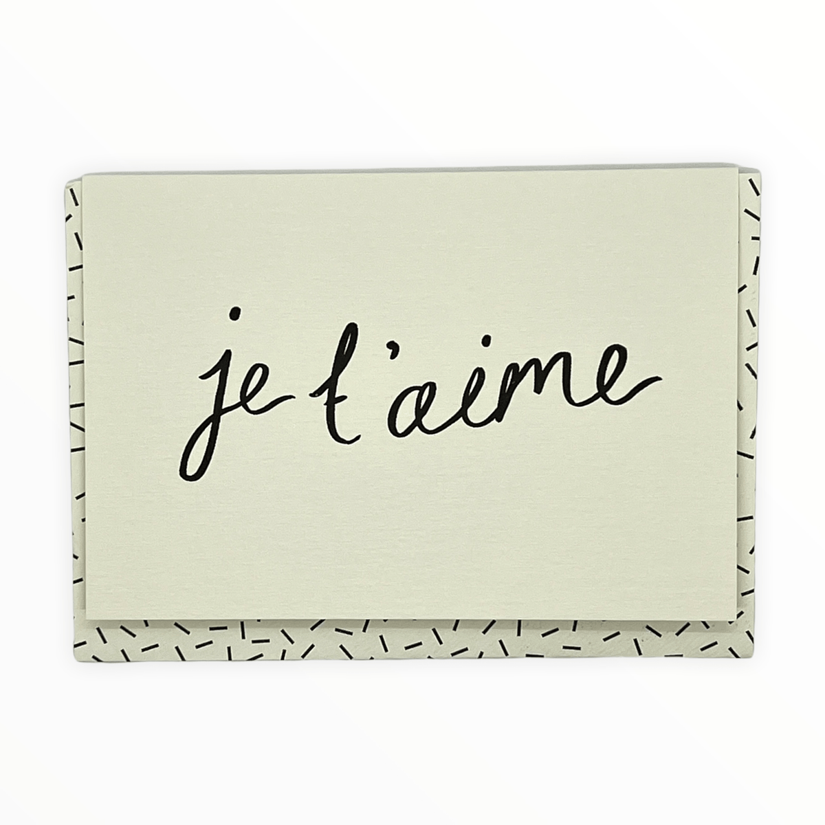 Je T'aime greeting card by Katie Leamon, blank interior, black confetti envelope, 4.25 x 5.5 inches, made in England