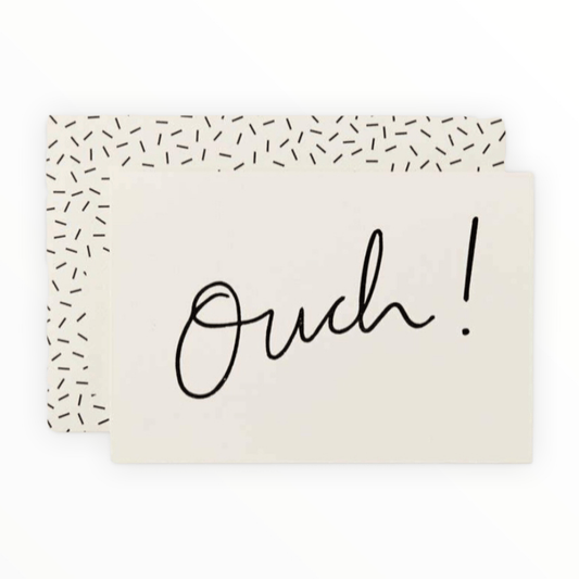 Ouch sympathy card by Katie Leamon, blank interior, confetti-patterned envelope, 4 x 6 inches
